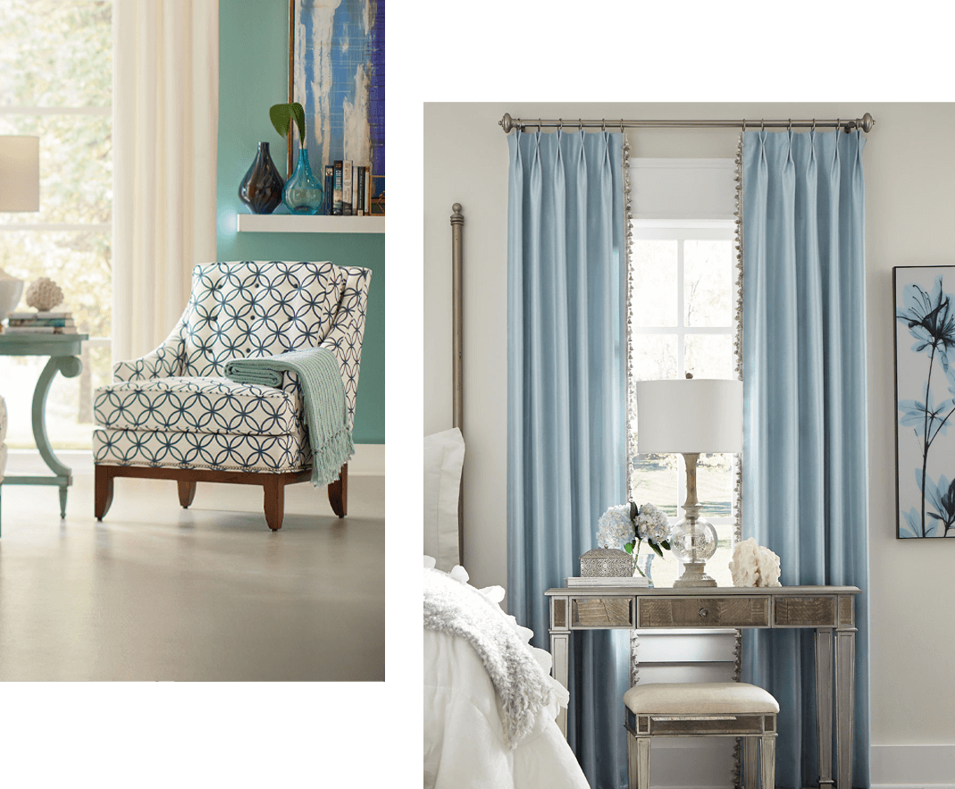 living room chair and window coverings in a bedroom